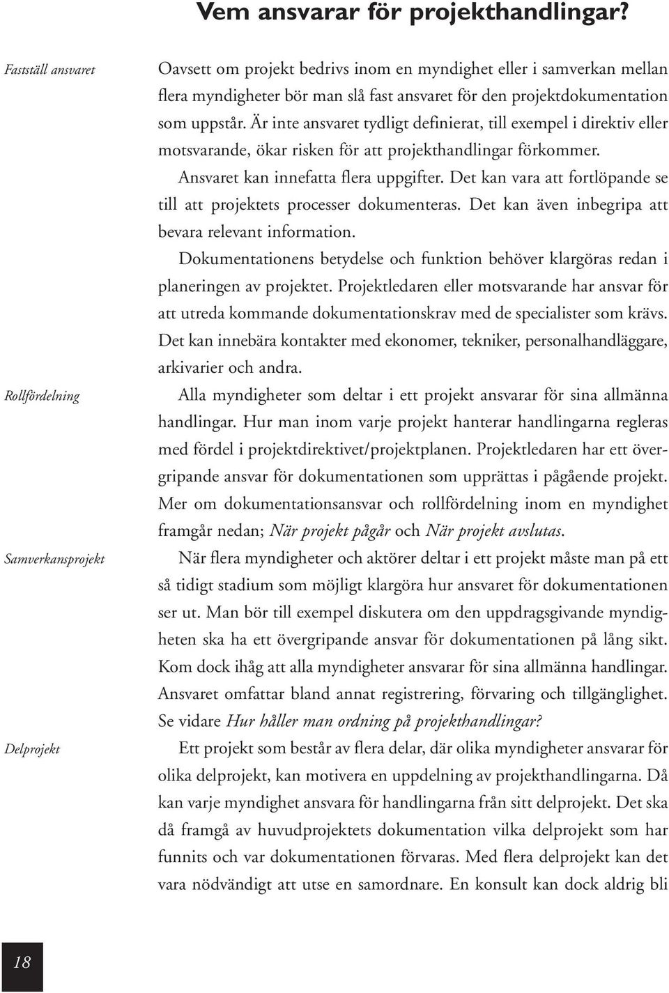 projektdokumentation som uppstår. Är inte ansvaret tydligt definierat, till exempel i direktiv eller motsvarande, ökar risken för att projekthandlingar förkommer.