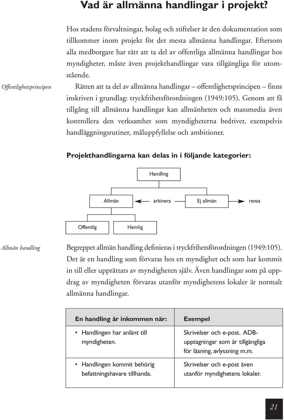Rätten att ta del av allmänna handlingar offentlighetsprincipen finns inskriven i grundlag: tryckfrihetsförordningen (1949:105).