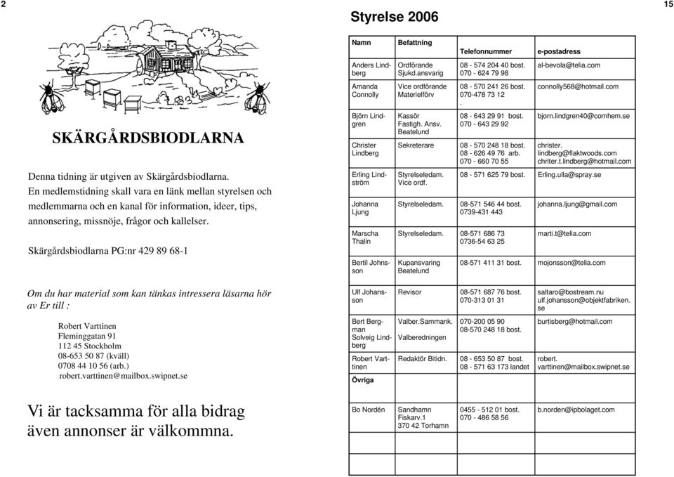 Skärgårdsbiodlarna PG:nr 429 89 68-1 Namn Anders Lindberg Amanda Connolly Björn Lindgren Christer Lindberg Erling Lindström Johanna Ljung Marscha Thalin Bertil Johnsson Befattning Ordförande Sjukd.