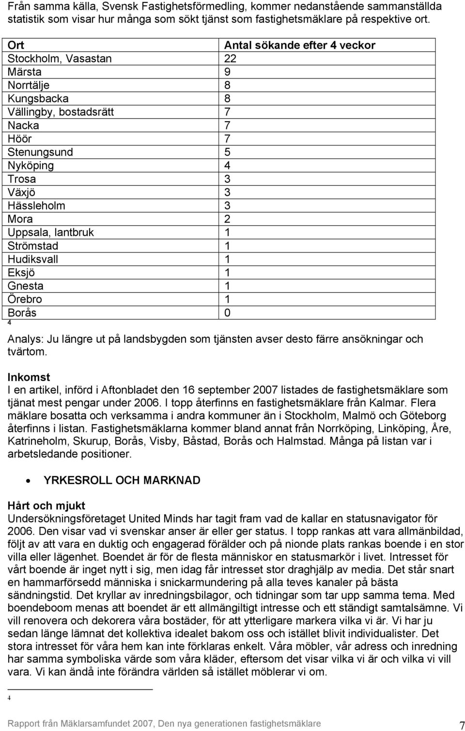 lantbruk 1 Strömstad 1 Hudiksvall 1 Eksjö 1 Gnesta 1 Örebro 1 Borås 0 4 Analys: Ju längre ut på landsbygden som tjänsten avser desto färre ansökningar och tvärtom.