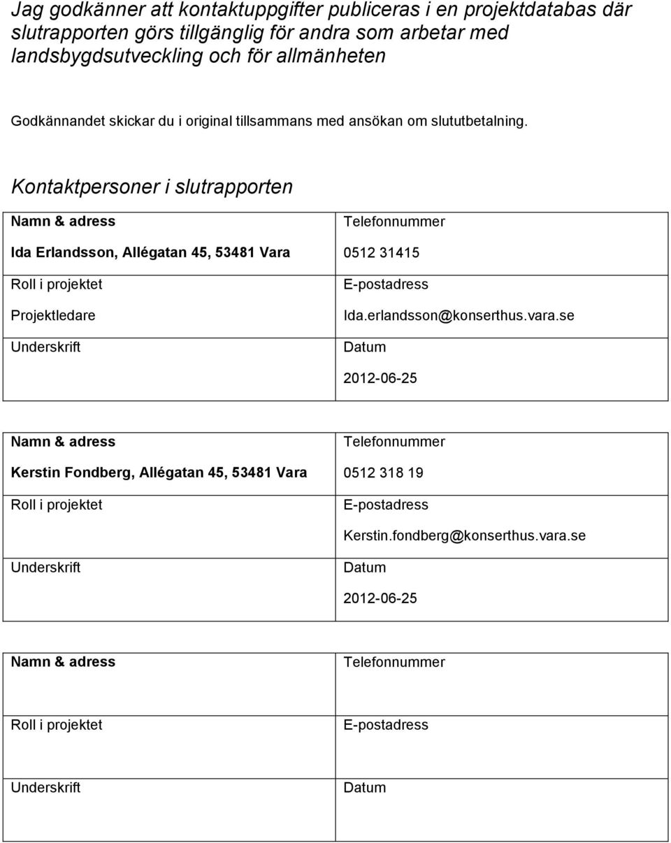 Kontaktpersoner i slutrapporten Namn & adress Ida Erlandsson, Allégatan 45, 53481 Vara Roll i projektet Projektledare Underskrift Telefonnummer 0512 31415 E-postadress Ida.