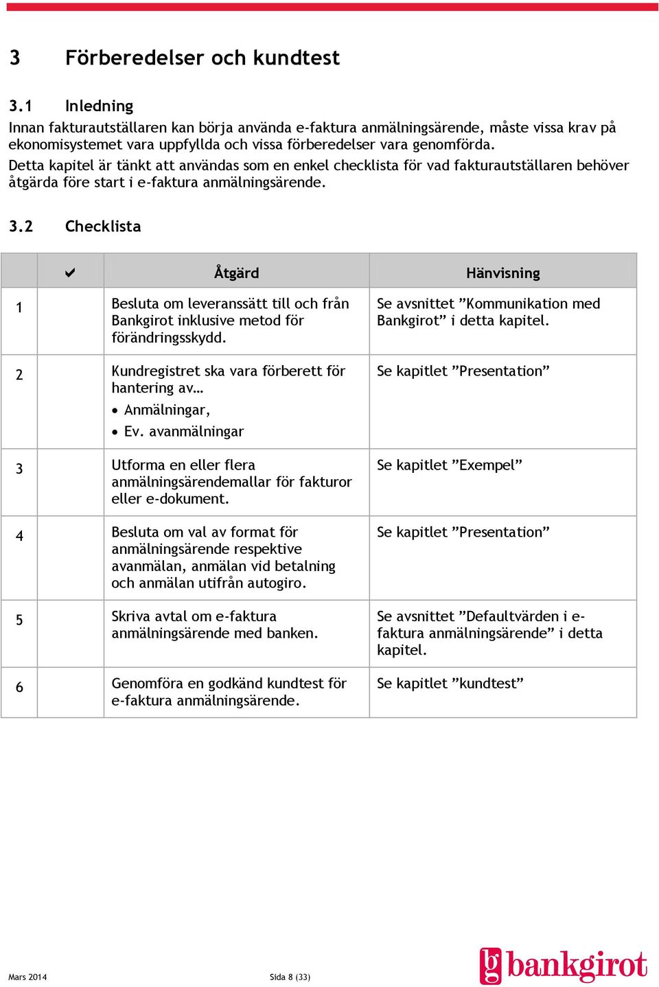 Detta kapitel är tänkt att användas som en enkel checklista för vad fakturautställaren behöver åtgärda före start i e-faktura anmälningsärende. 3.