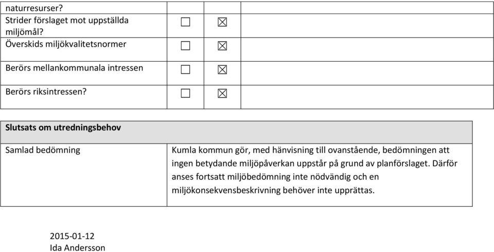 Slutsats om utredningsbehov Samlad bedömning Kumla kommun gör, med hänvisning till ovanstående, bedömningen att