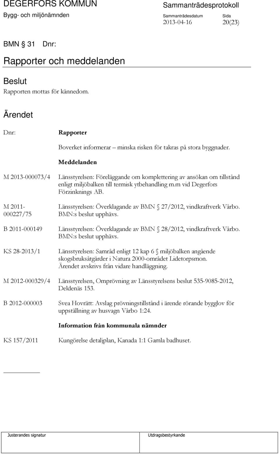 m vid Degerfors Förzinknings AB. Länsstyrelsen: Överklagande av BMN 27/2012, vindkraftverk Vårbo. BMN:s beslut upphävs. Länsstyrelsen: Överklagande av BMN 28/2012, vindkraftverk Vårbo.