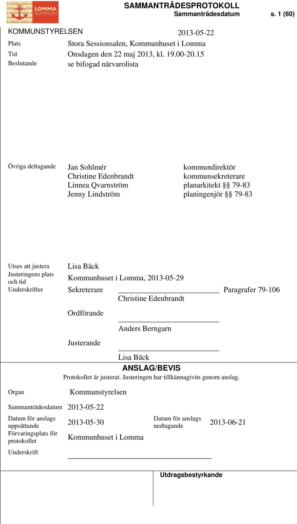 Utses att justera Lisa Bäck Justeringens plats Kommunhuset i Lomma, 2013-05-29 och tid Underskrifter Sekreterare Paragrafer 79-106 Christine Edenbrandt Ordförande Anders Berngarn Justerande Lisa