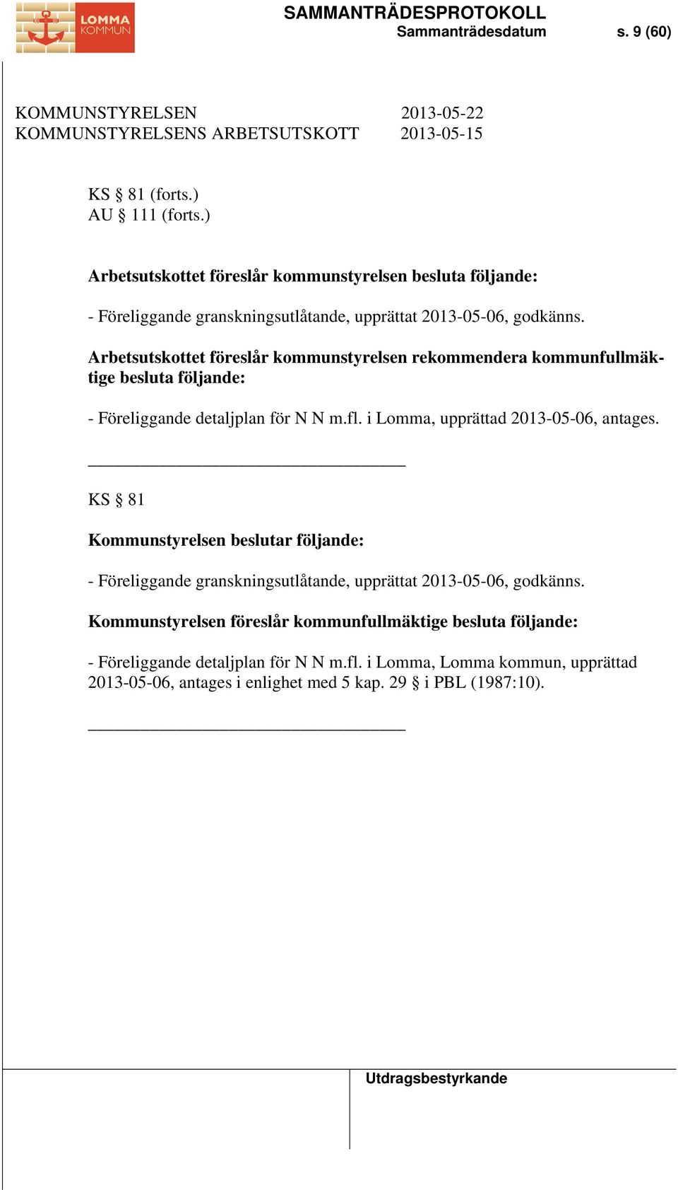 Arbetsutskottet föreslår kommunstyrelsen rekommendera kommunfullmäktige besluta följande: - Föreliggande detaljplan för N N m.fl. i Lomma, upprättad 2013-05-06, antages.