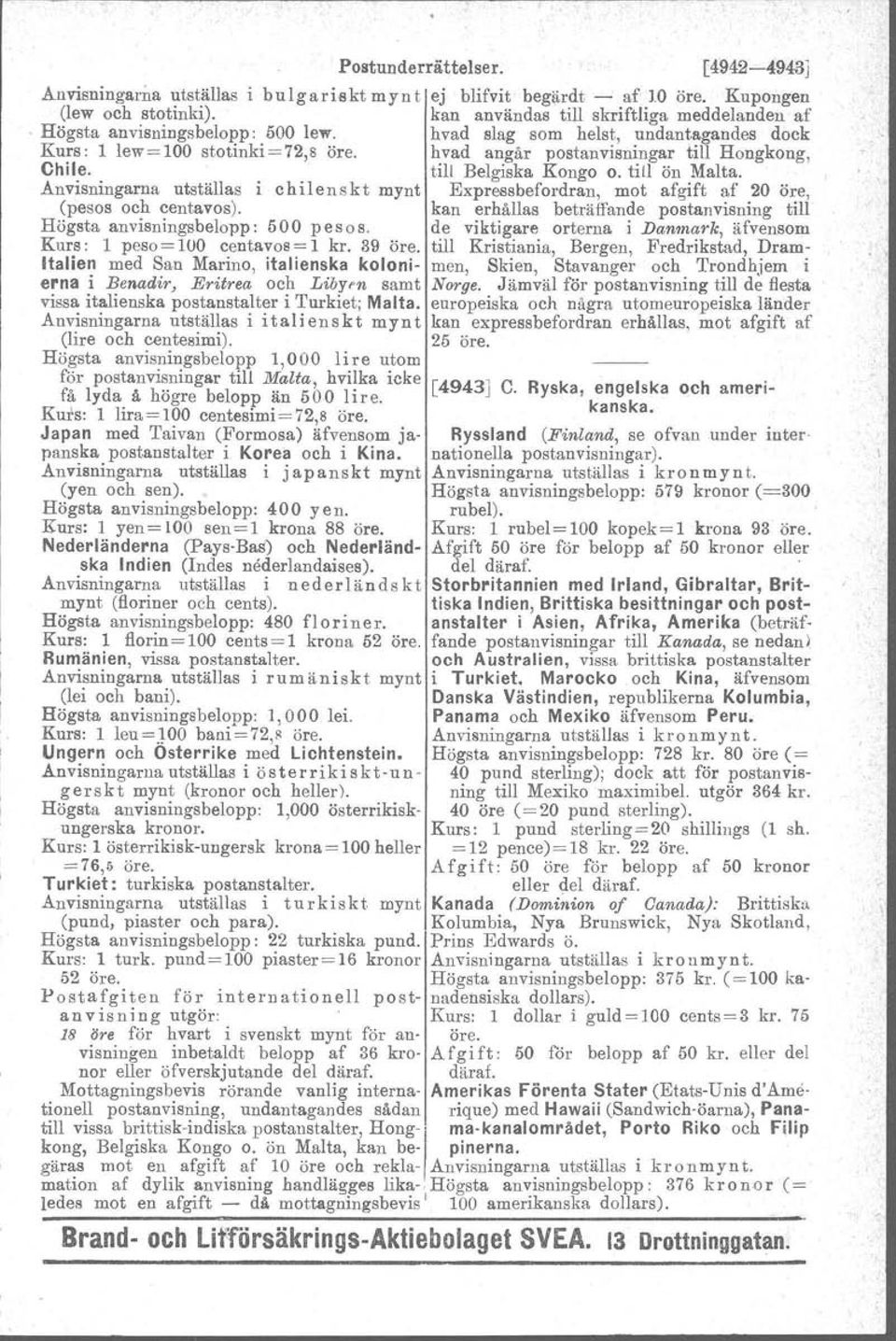 Italien med San Marino, italienska kolonierna i Benadir, Eritrea och Libym samt vissa italienska postanstalter i urkiet; Malta. Anvisningarna utställas i italienskt mynt (lire och centesimi).