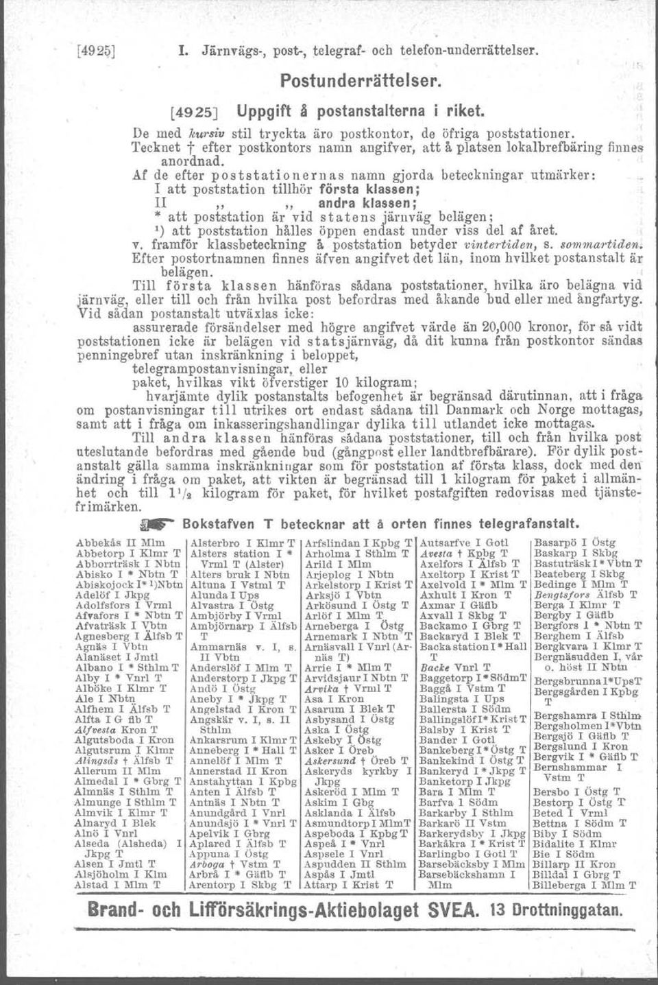 Af de efter poststationernas namn gjorda beteckningar utmärker: I att poststation tillhör första klassen; II * att " poststation "andra klassen; är vid statens järnväg belägen; ') att poststation