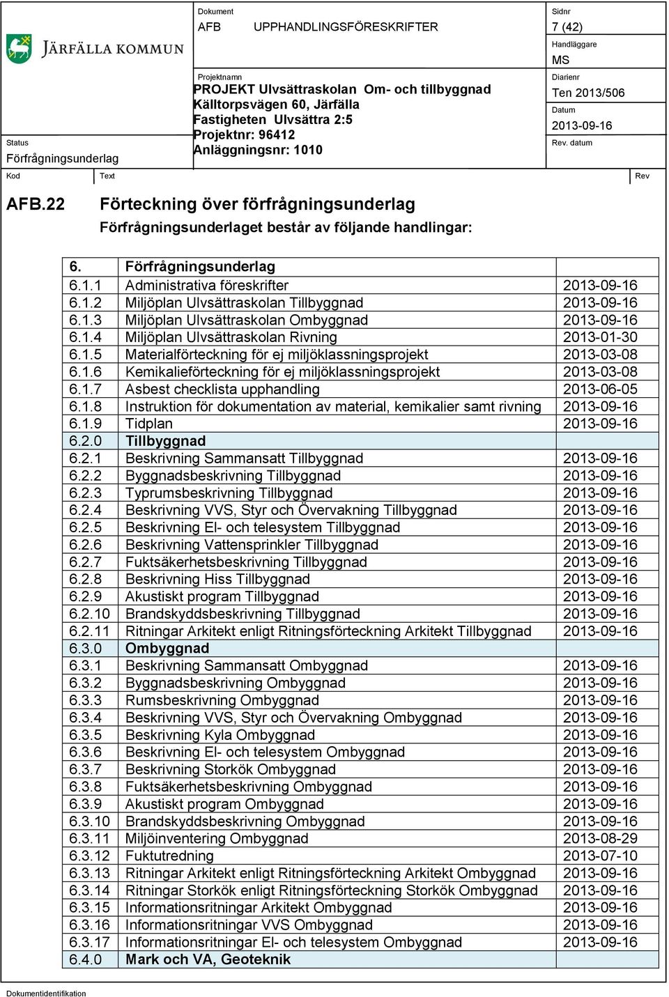 1.8 Instruktion för dokumentation av material, kemikalier samt rivning 6.1.9 Tidplan 6.2.0 Tillbyggnad 6.2.1 Beskrivning Sammansatt Tillbyggnad 6.2.2 Byggnadsbeskrivning Tillbyggnad 6.2.3 Typrumsbeskrivning Tillbyggnad 6.