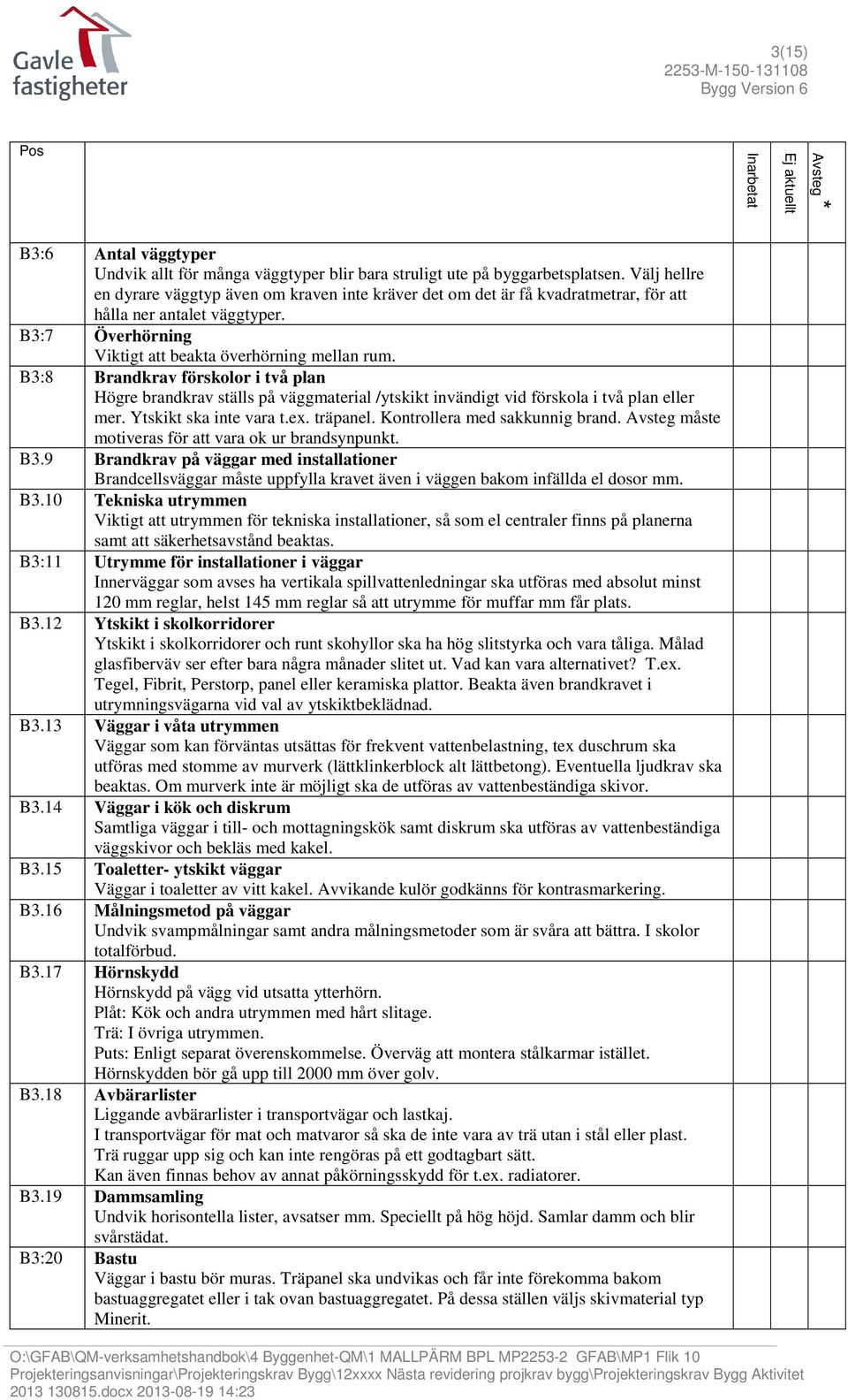 B3:8 Brandkrav förskolor i två plan Högre brandkrav ställs på väggmaterial /ytskikt invändigt vid förskola i två plan eller mer. Ytskikt ska inte vara t.ex. träpanel. Kontrollera med sakkunnig brand.