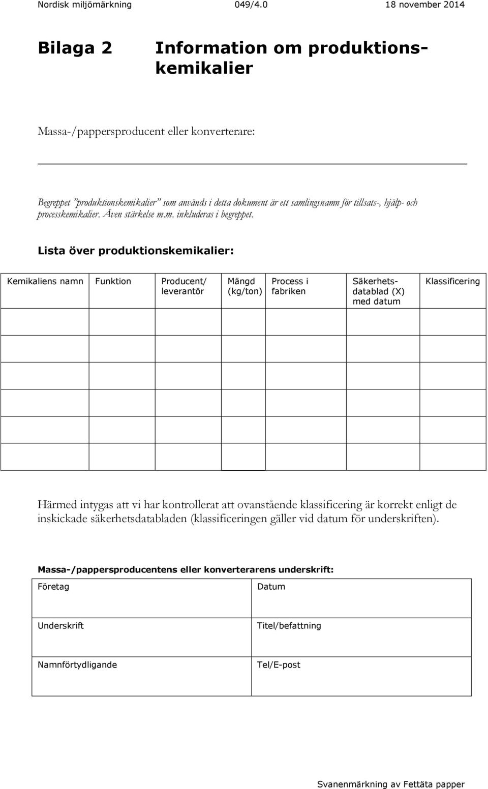 Lista över produktionskemikalier: Kemikaliens namn Funktion Producent/ leverantör Mängd (kg/ton) Process i fabriken Säkerhetsdatablad (X) med datum Klassificering Härmed intygas att vi har