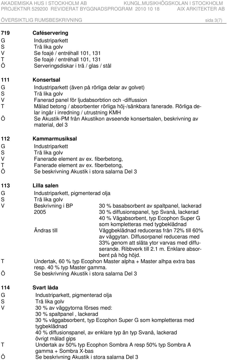 / entréhall 101, 131 T Se foajé / entréhall 101, 131 Ö Serveringsdiskar i trä / glas / stål 111 Konsertsal G Industriparkett (även på rörliga delar av golvet) S Trä lika golv V Fanerad panel för