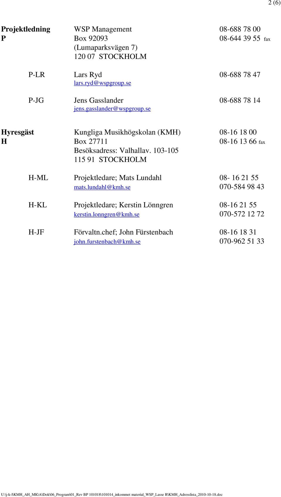 103-105 115 91 STOCKHOLM H-ML Projektledare; Mats Lundahl 08-16 21 55 mats.lundahl@kmh.se 070-584 98 43 H-KL Projektledare; Kerstin Lönngren 08-16 21 55 kerstin.lonngren@kmh.