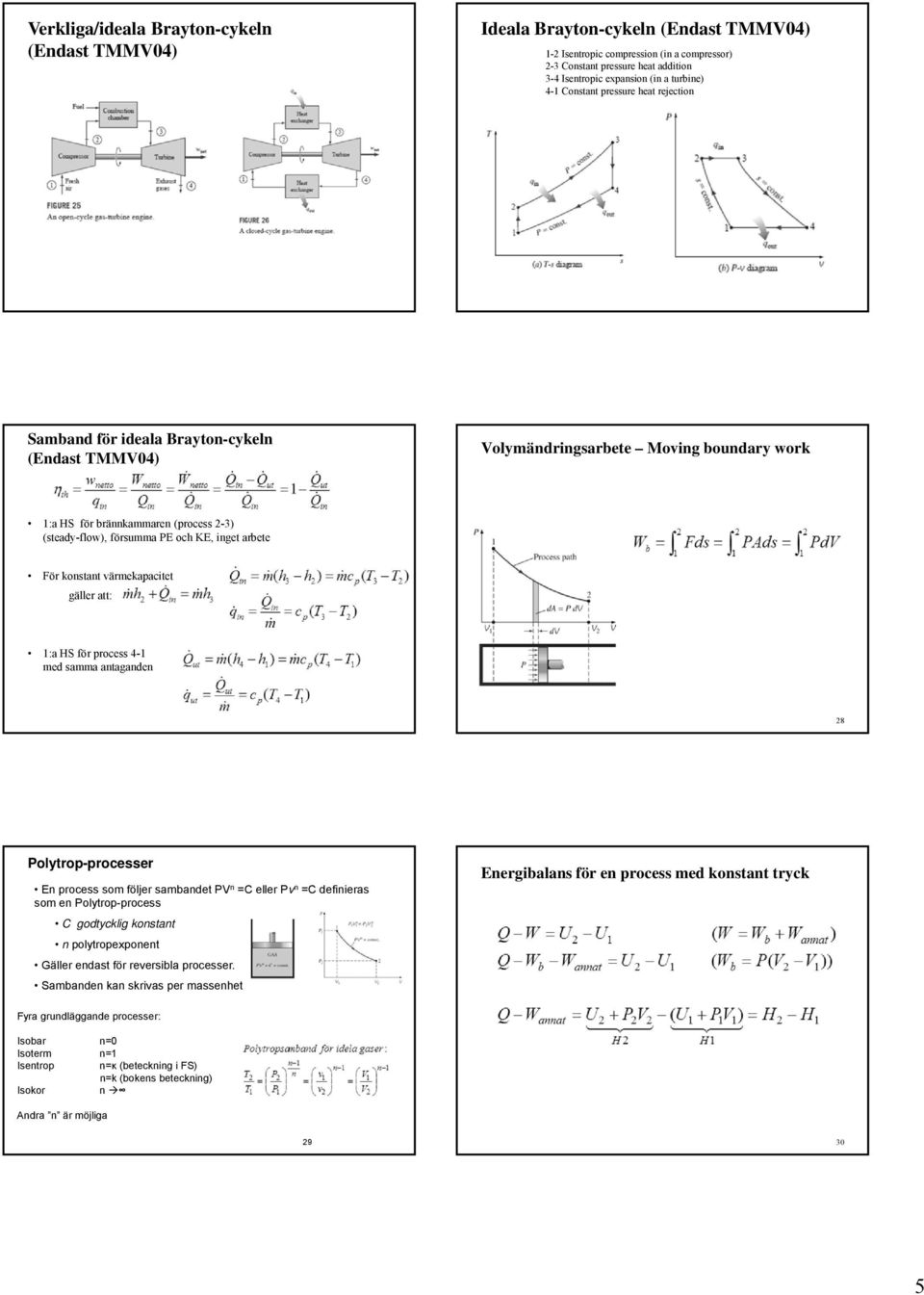 PE och KE, inget arbete För konstant värmekapacitet gäller att: 1:a HS för process 4-1 med samma antaganden 28 Polytrop-processer En process som följer sambandet PV n =C eller Pv n =C definieras som