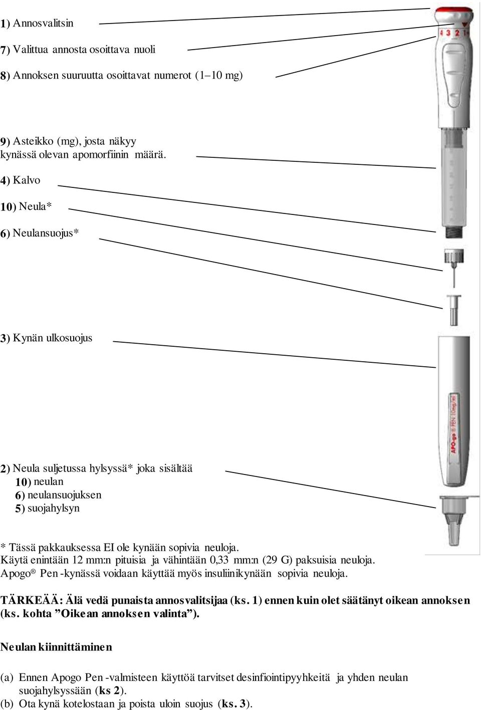 Käytä enintään 12 mm:n pituisia ja vähintään 0,33 mm:n (29 G) paksuisia neuloja. Apogo Pen kynässä voidaan käyttää myös insuliinikynään sopivia neuloja. TÄRKEÄÄ: Älä vedä punaista annosvalitsijaa (ks.