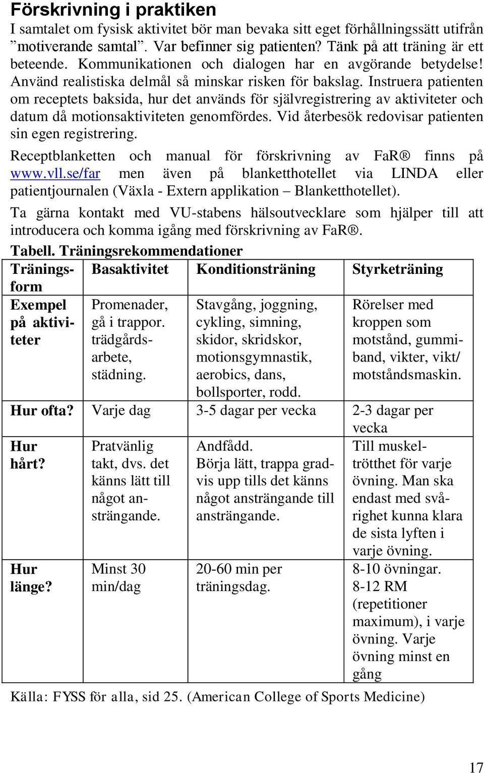 Instruera patienten om receptets baksida, hur det används för självregistrering av aktiviteter och datum då motionsaktiviteten genomfördes. Vid återbesök redovisar patienten sin egen registrering.