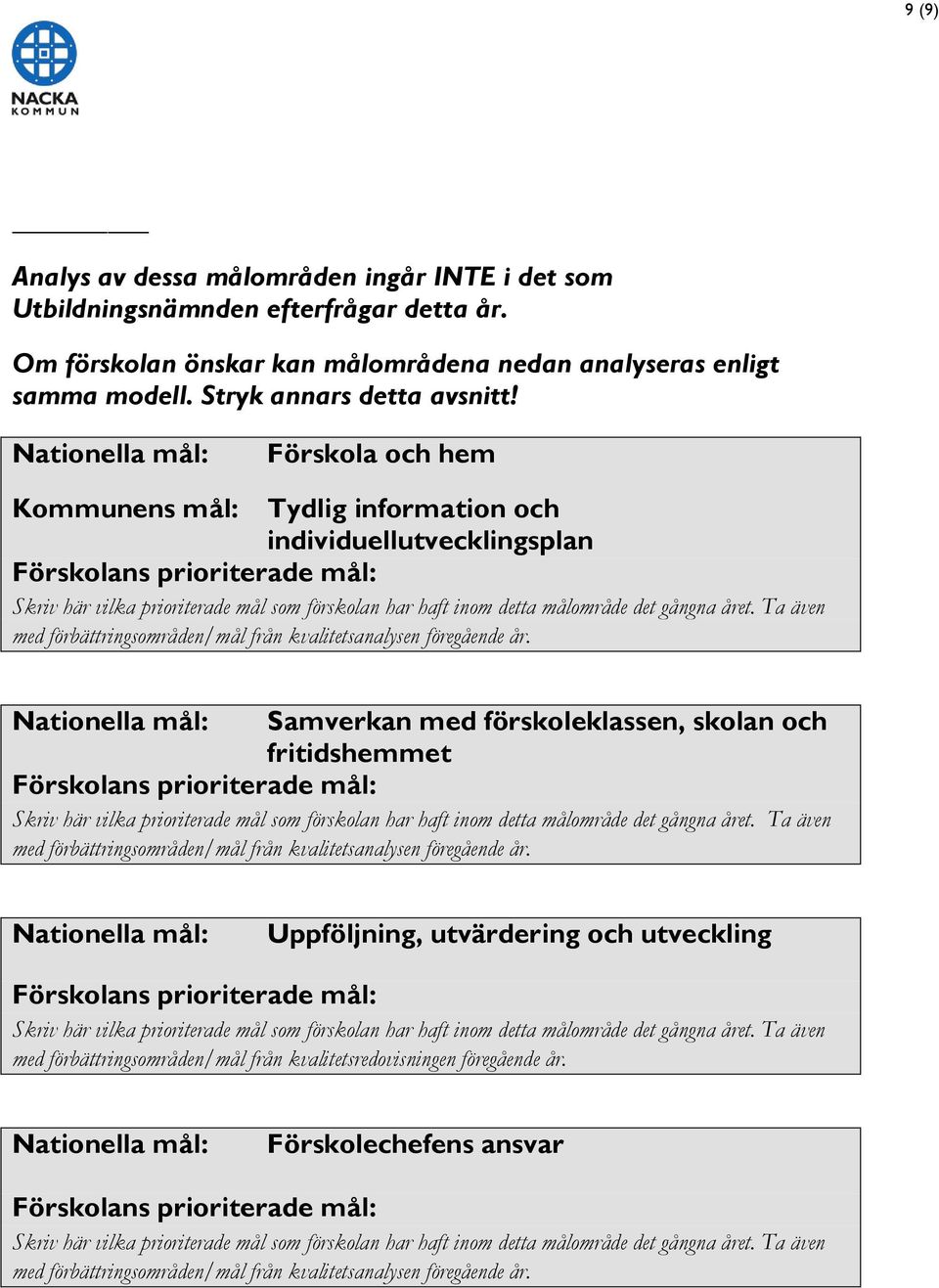 Ta även med förbättringsområden/mål från kvalitetsanalysen föregående år.