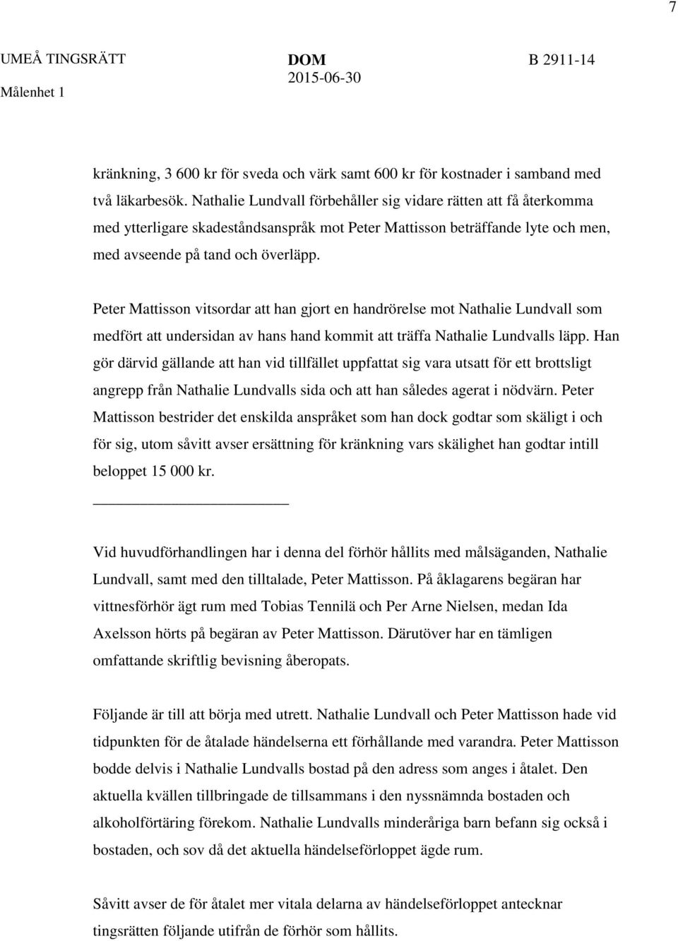 Peter Mattisson vitsordar att han gjort en handrörelse mot Nathalie Lundvall som medfört att undersidan av hans hand kommit att träffa Nathalie Lundvalls läpp.