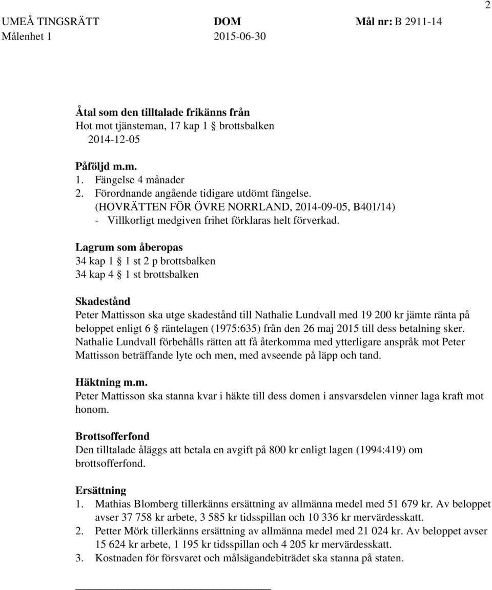 Lagrum som åberopas 34 kap 1 1 st 2 p brottsbalken 34 kap 4 1 st brottsbalken Skadestånd Peter Mattisson ska utge skadestånd till Nathalie Lundvall med 19 200 kr jämte ränta på beloppet enligt 6