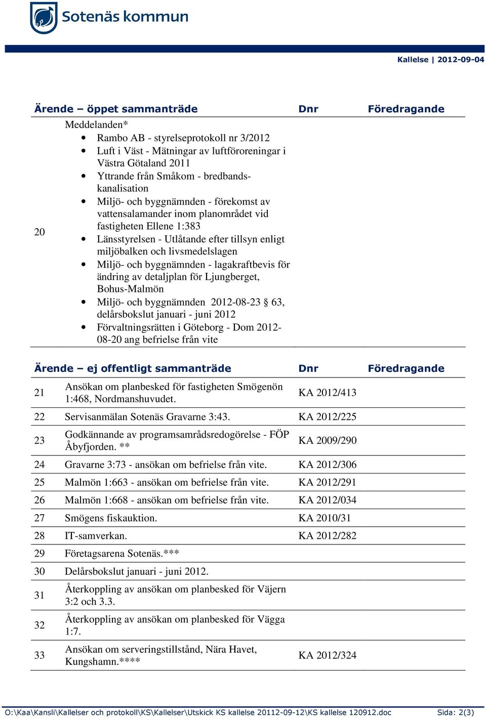 livsmedelslagen Miljö- och byggnämnden - lagakraftbevis för ändring av detaljplan för Ljungberget, Bohus-Malmön Miljö- och byggnämnden 2012-08-23 63, delårsbokslut januari - juni 2012