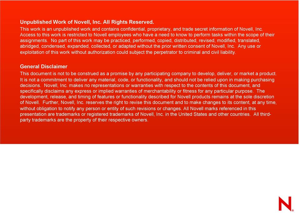 No part of this work may be practiced, performed, copied, distributed, revised, modified, translated, abridged, condensed, expanded, collected, or adapted without the prior written consent of Novell,