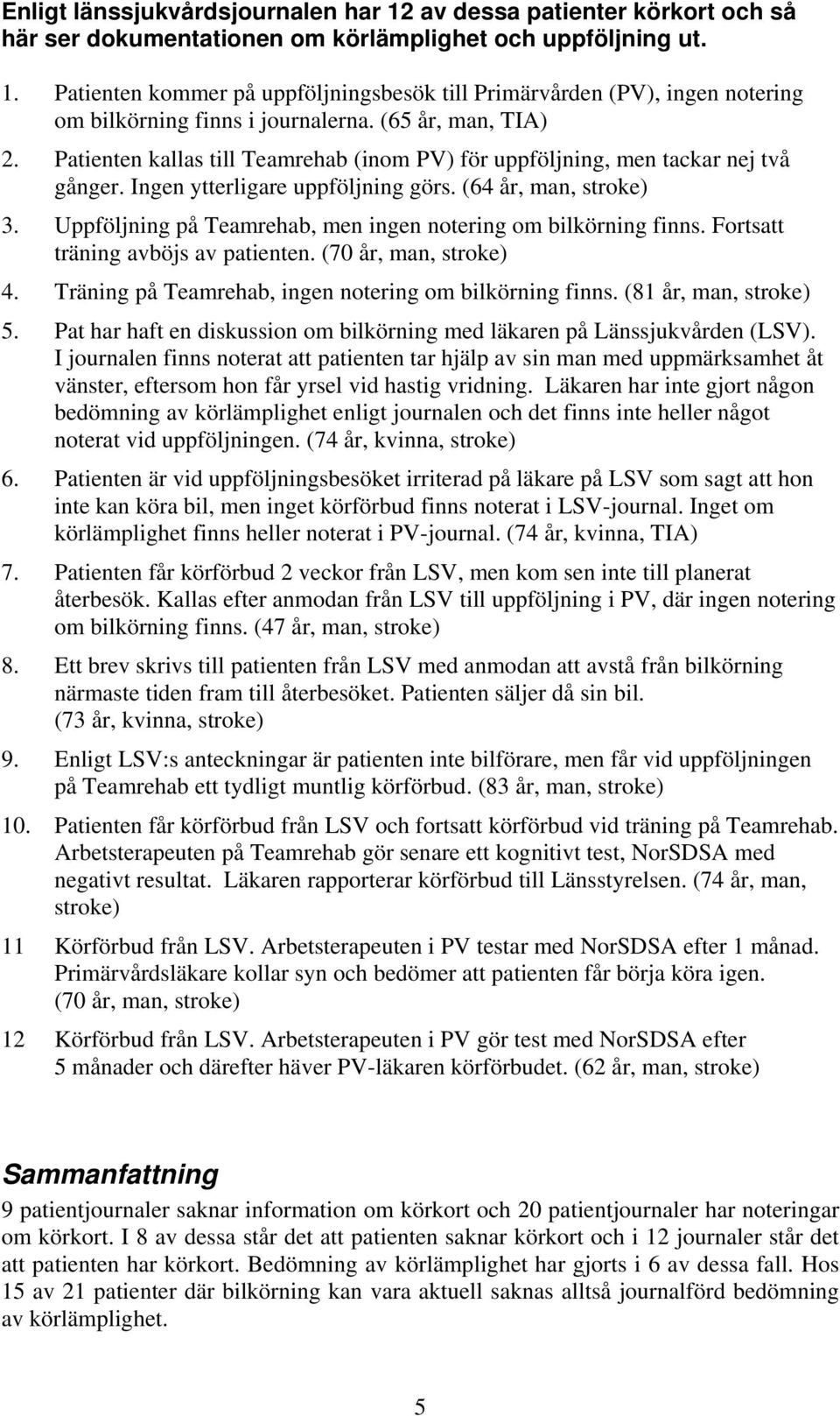 Uppföljning på Teamrehab, men ingen notering om bilkörning finns. Fortsatt träning avböjs av patienten. (70 år, man, stroke) 4. Träning på Teamrehab, ingen notering om bilkörning finns.