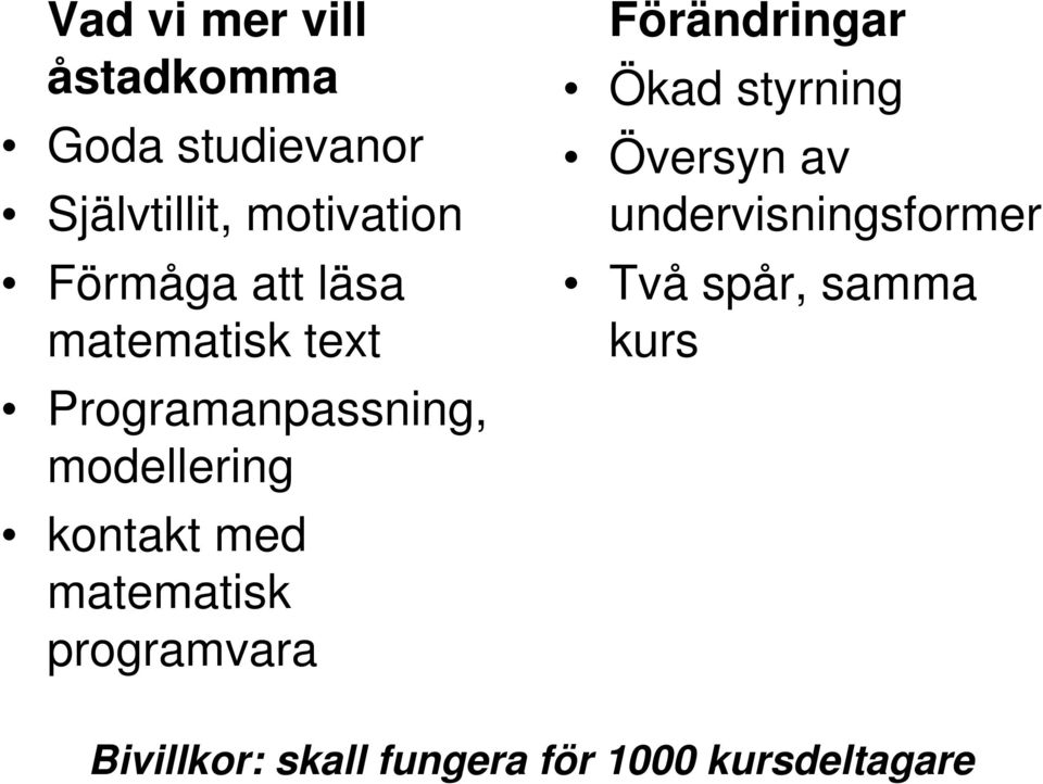 med matematisk programvara Förändringar Ökad styrning Översyn av