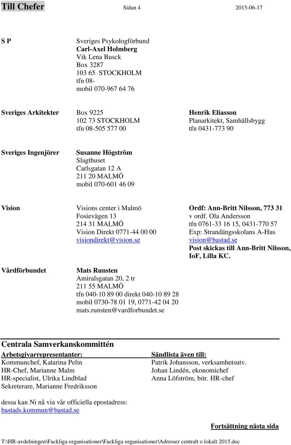 Ordf: Ann-Britt Nilsson, 773 31 Fosievägen 13 v ordf. Ola Andersson 214 31 MALMÖ tfn 0761-33 16 15, 0431-770 57 Vision Direkt 0771-44 00 00 Exp: Strandängsskolans A-Hus visiondirekt@vision.