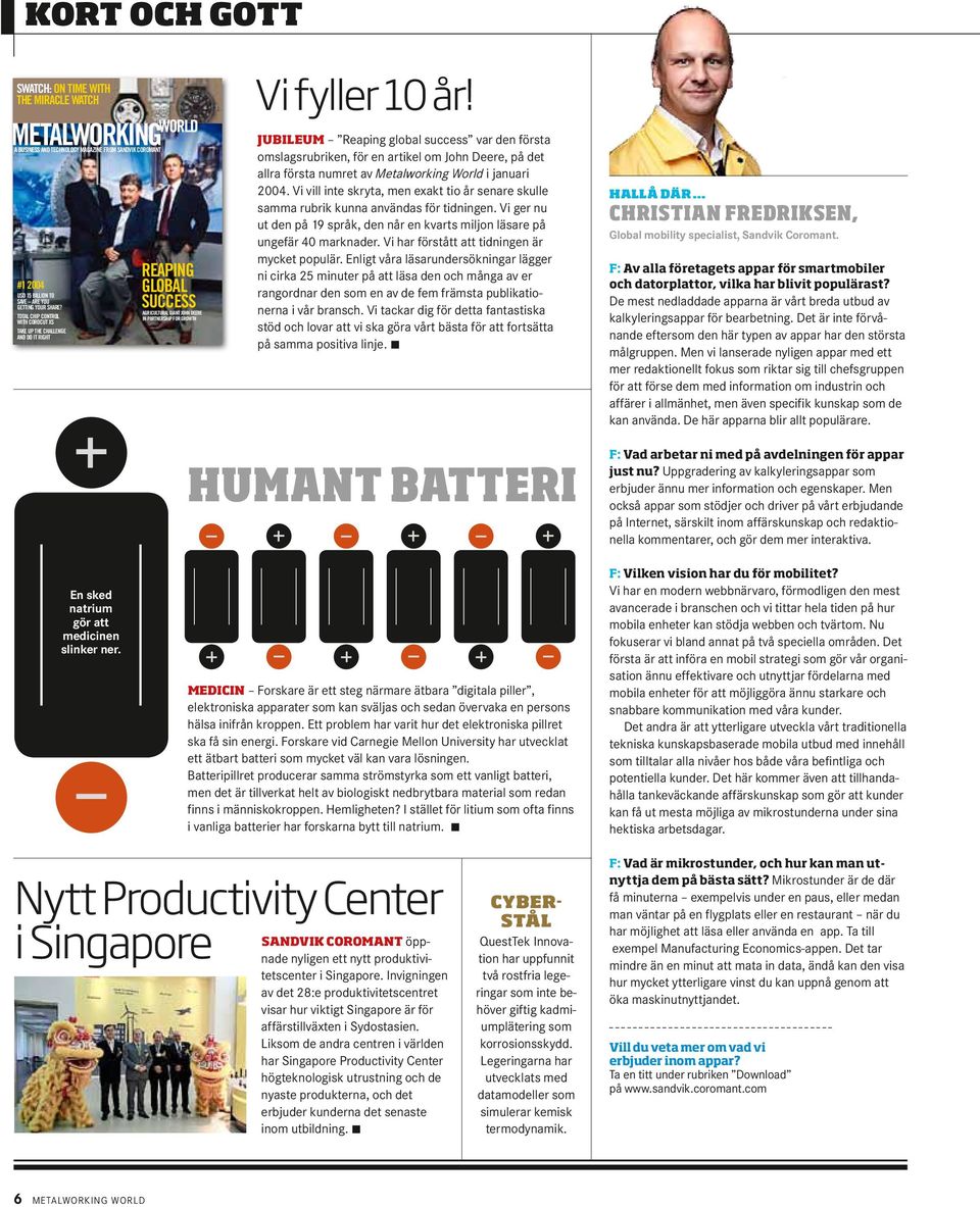 Jubileum Reaping global success var den första omslagsrubriken, för en artikel om John Deere, på det allra första numret av Metalworking World i januari 2004.