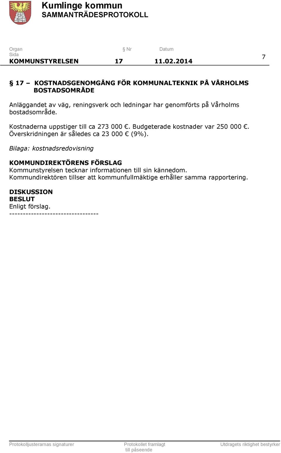 genomförts på Vårholms bostadsområde. Kostnaderna uppstiger till ca 273 000. Budgeterade kostnader var 250 000.