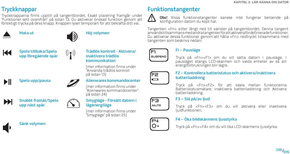 Vissa funktionstangenter kanske inte fungerar beroende på konfiguration datorn du köpt har. Tangenten <Fn> sitter långt ned till vänster på tangentbordet.