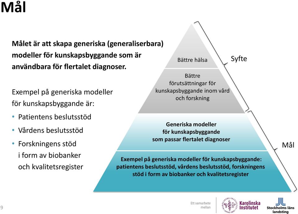 Patientens beslutsstöd Vårdens beslutsstöd Forskningens stöd i form av biobanker och kvalitetsregister Generiska modeller för kunskapsbyggande som