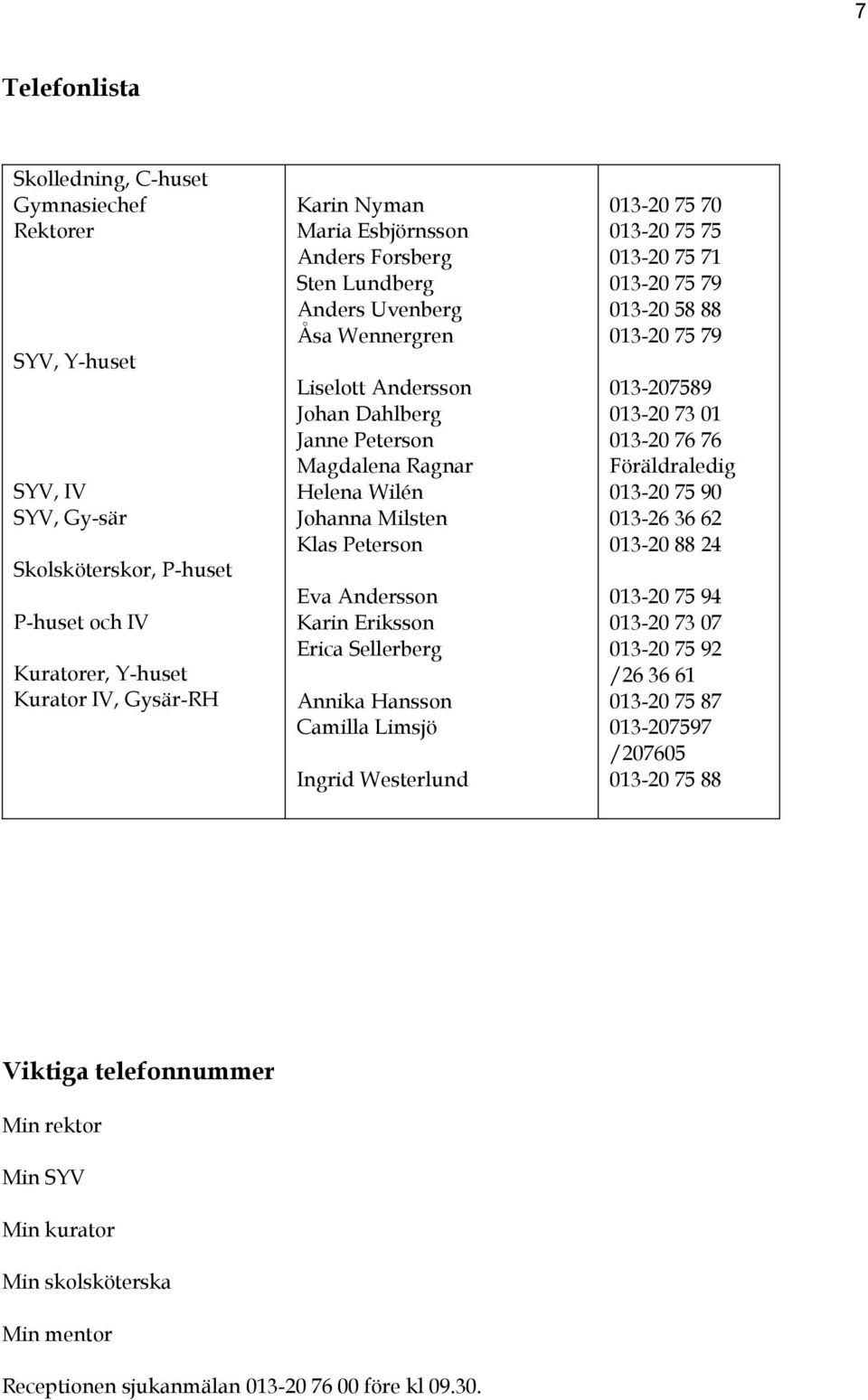 Erica Sellerberg Annika Hansson Camilla Limsjö Ingrid Westerlund 013-20 75 70 013-20 75 75 013-20 75 71 013-20 75 79 013-20 58 88 013-20 75 79 013-207589 013-20 73 01 013-20 76 76 Föräldraledig