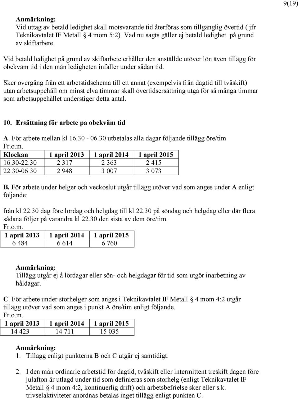 Vid betald ledighet på grund av skiftarbete erhåller den anställde utöver lön även tillägg för obekväm tid i den mån ledigheten infaller under sådan tid.