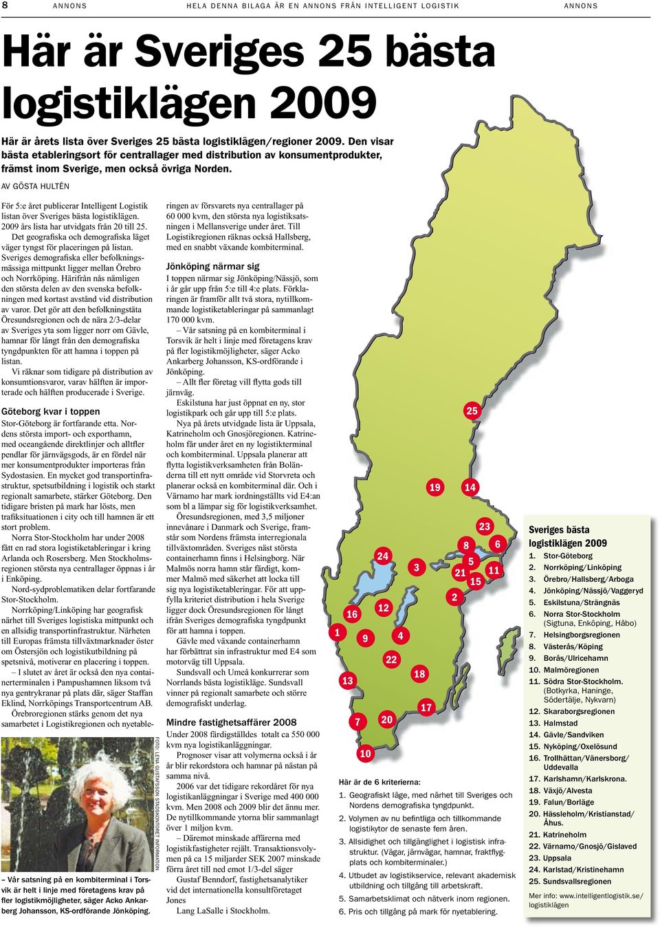 Av Gösta Hultén För 5:e året publicerar Intelligent Logistik listan över Sveriges bästa logistiklägen. 2009 års lista har utvidgats från 20 till 25.