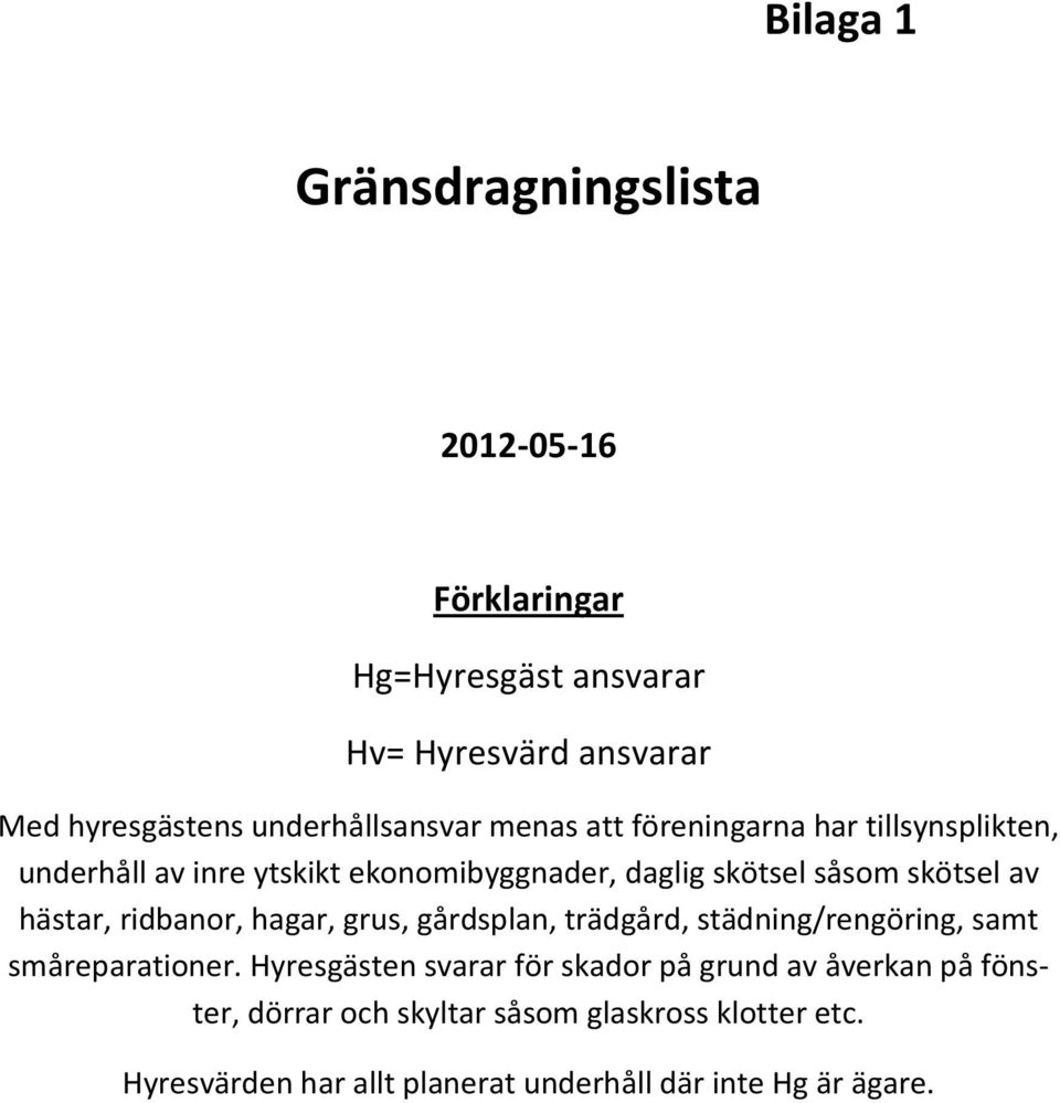 skötsel av hästar, ridbanor, hagar, grus, gårdsplan, trädgård, städning/rengöring, samt småreparationer.