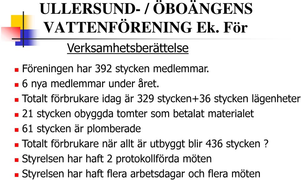 betalat materialet 61 stycken är plomberade Totalt förbrukare när allt är utbyggt blir 436