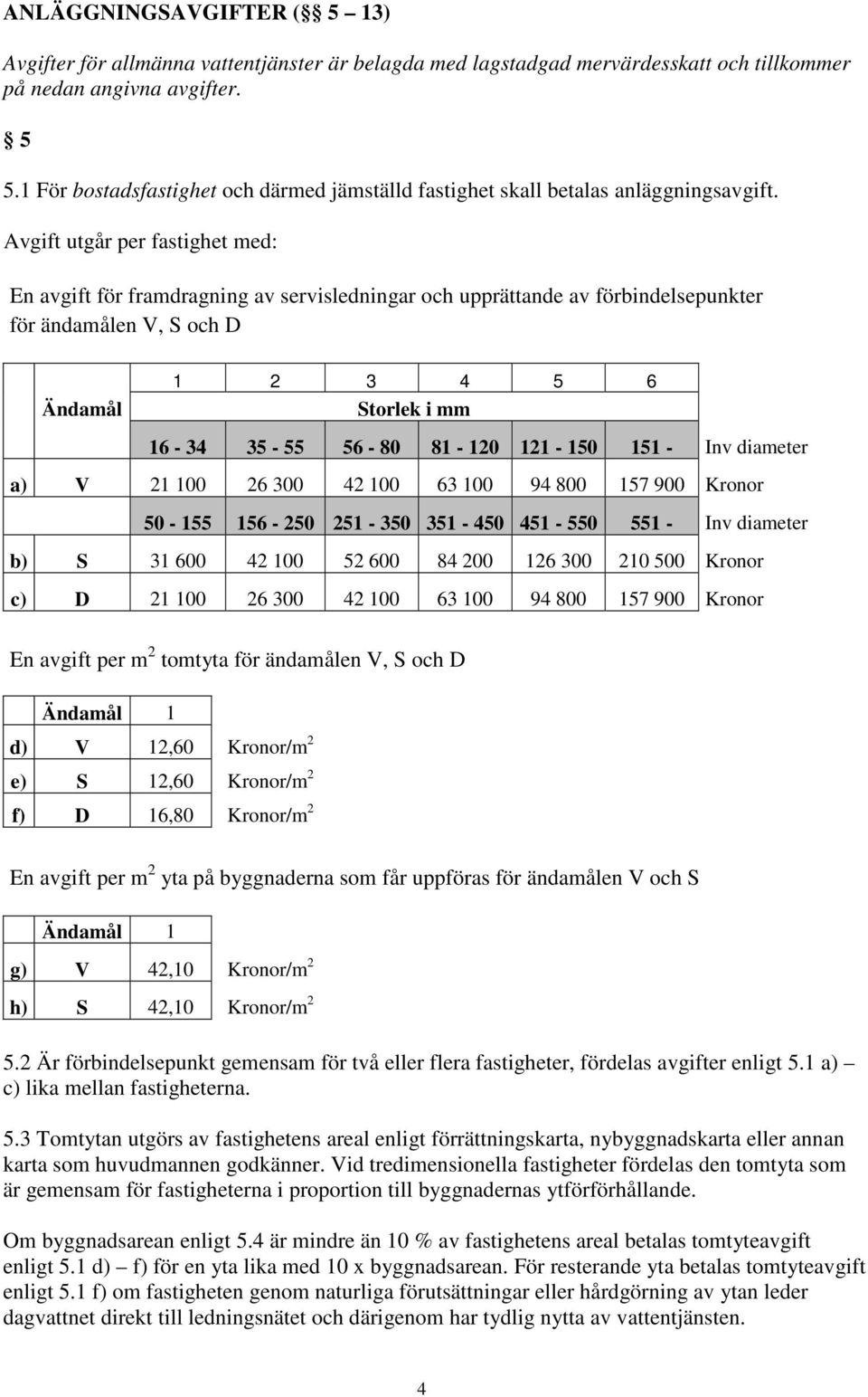 Avgift utgår per fastighet med: En avgift för framdragning av servisledningar och upprättande av förbindelsepunkter för ändamålen V, S och D 1 2 3 4 5 6 Ändamål Storlek i mm 16-34 35-55 56-80 81-120