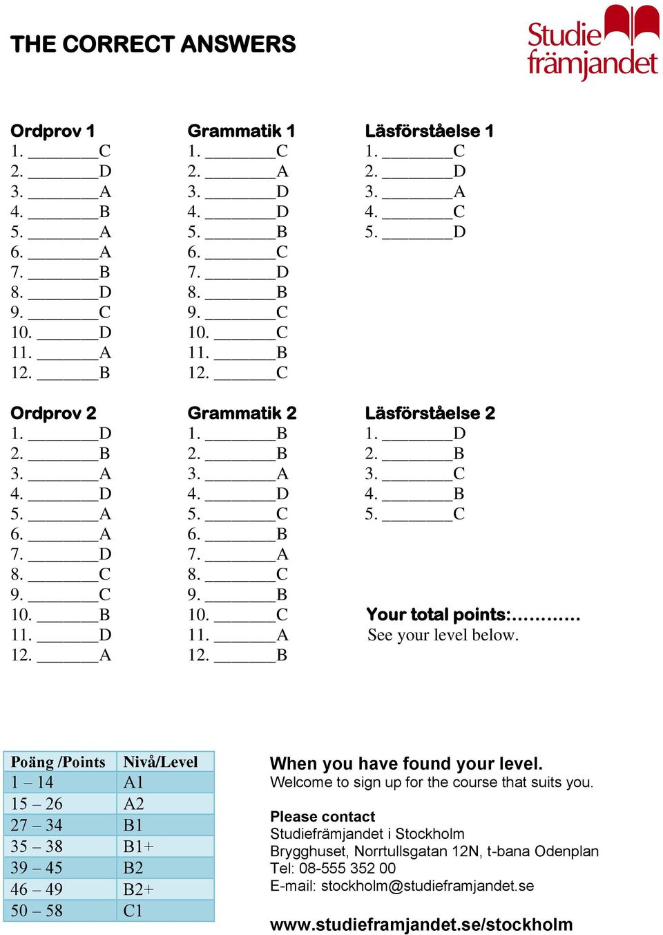 D 11. A See your level below. 12. A 12. B Poäng /Points Nivå/Level 1 14 A1 15 26 A2 27 34 B1 35 38 B1+ 39 45 B2 46 49 B2+ 50 58 C1 When you have found your level.