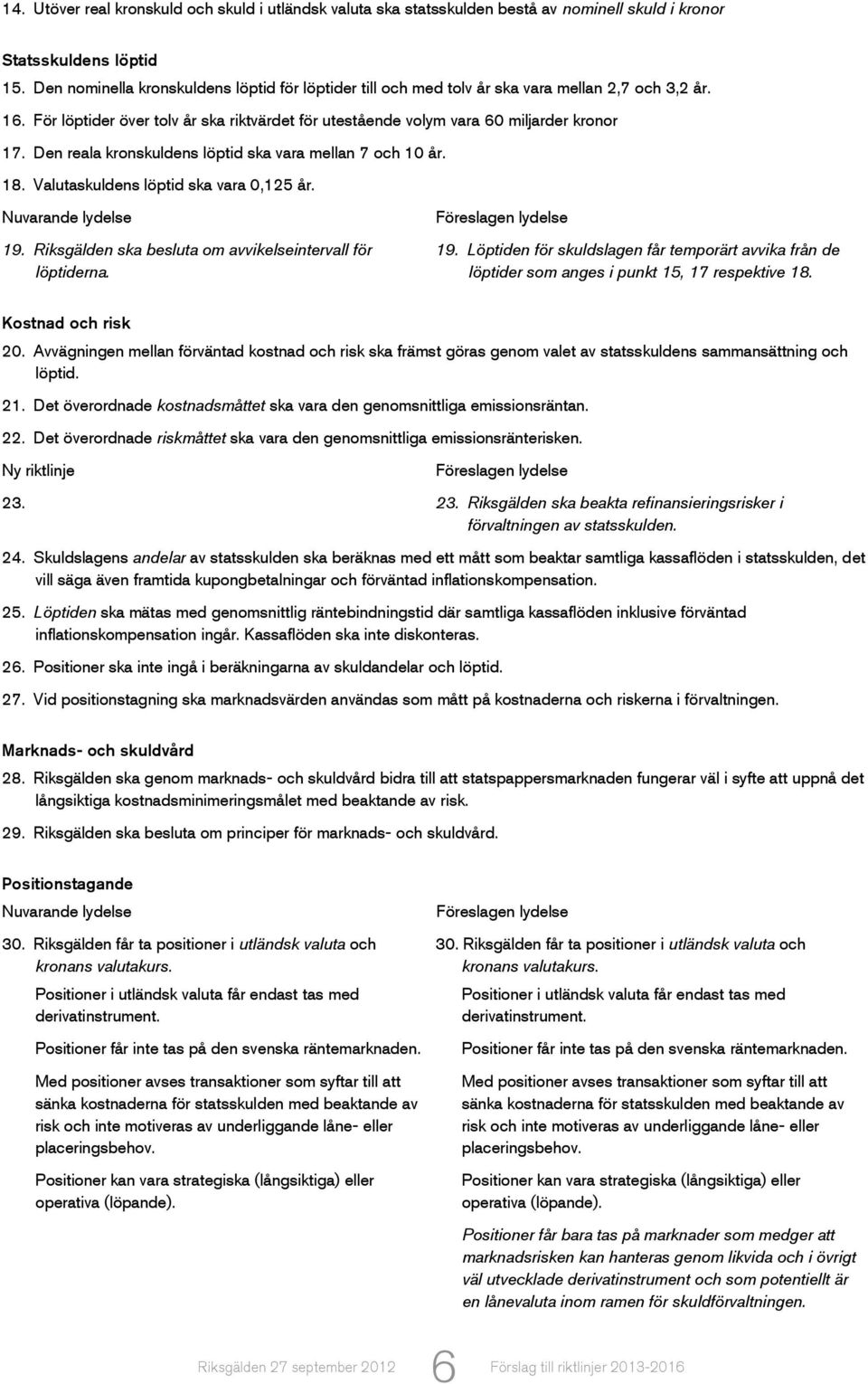 Den reala kronskuldens löptid ska vara mellan 7 och 10 år. 18. Valutaskuldens löptid ska vara 0,125 år. Nuvarande lydelse 19. Riksgälden ska besluta om avvikelseintervall för löptiderna.