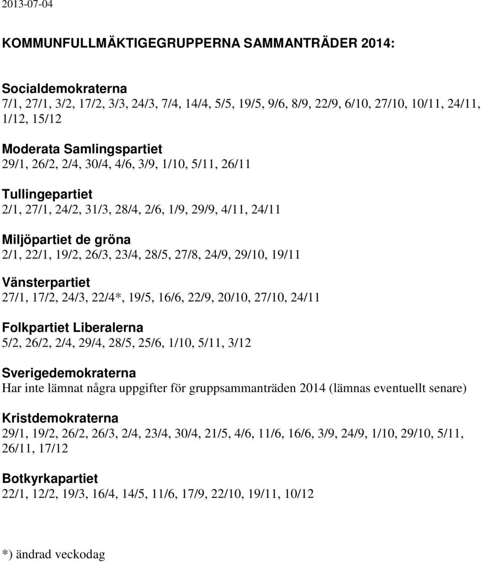 27/8, 24/9, 29/10, 19/11 Vänsterpartiet 27/1, 17/2, 24/3, 22/4*, 19/5, 16/6, 22/9, 20/10, 27/10, 24/11 Folkpartiet Liberalerna 5/2, 26/2, 2/4, 29/4, 28/5, 25/6, 1/10, 5/11, 3/12 Sverigedemokraterna