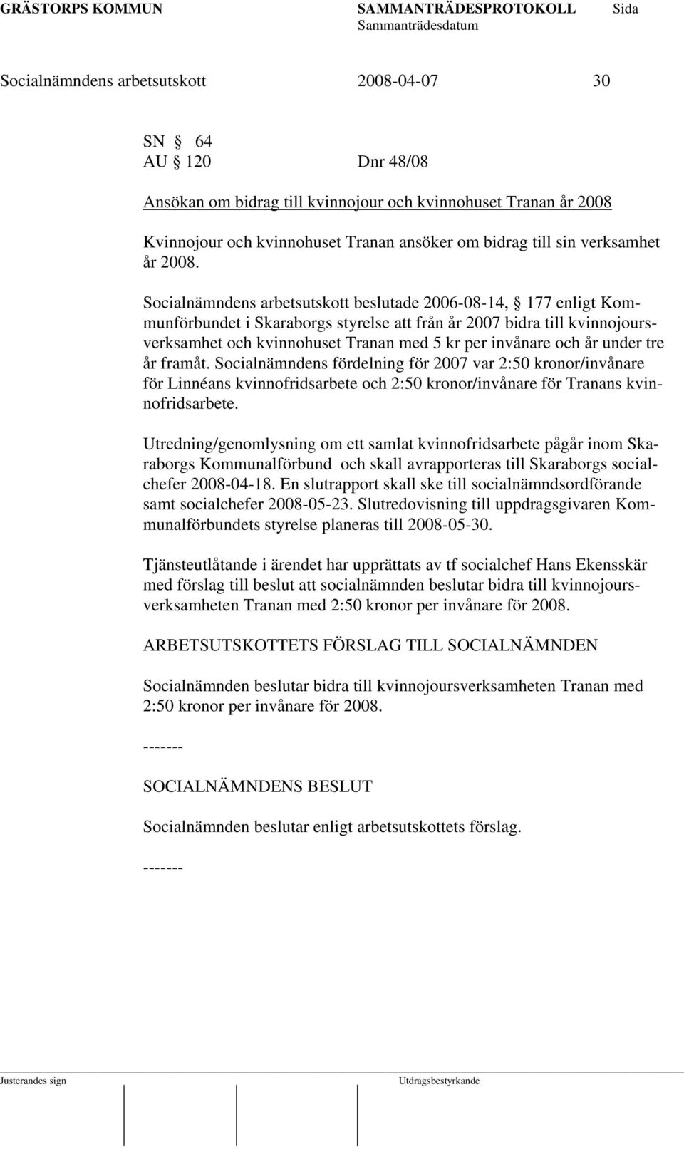 Socialnämndens arbetsutskott beslutade 2006-08-14, 177 enligt Kommunförbundet i Skaraborgs styrelse att från år 2007 bidra till kvinnojoursverksamhet och kvinnohuset Tranan med 5 kr per invånare och