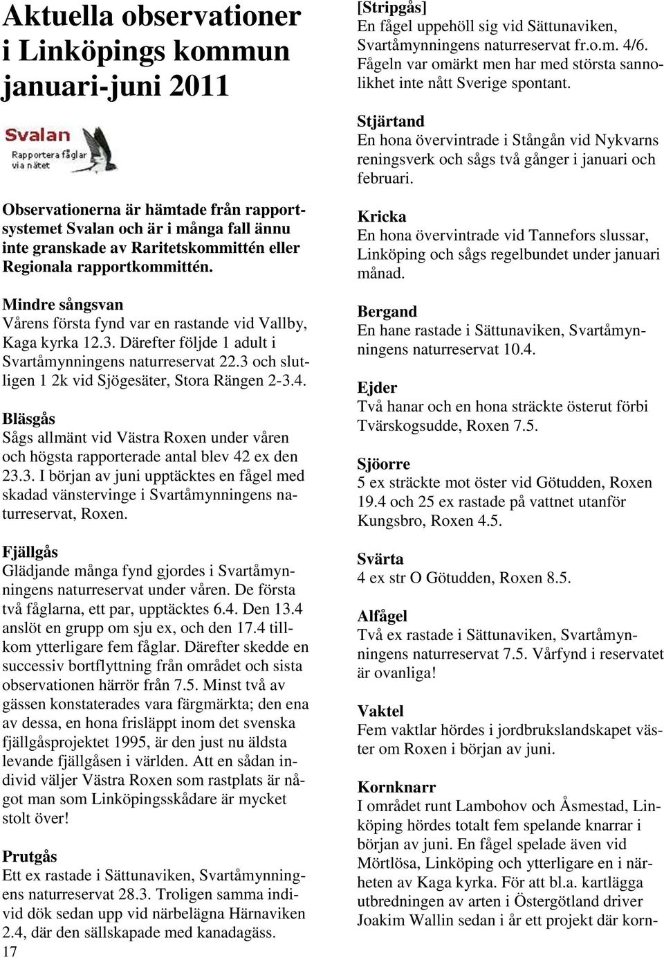 3 och slutligen 1 2k vid Sjögesäter, Stora Rängen 2-3.4. Bläsgås Sågs allmänt vid Västra Roxen under våren och högsta rapporterade antal blev 42 ex den 23.3. I början av juni upptäcktes en fågel med skadad vänstervinge i Svartåmynningens naturreservat, Roxen.