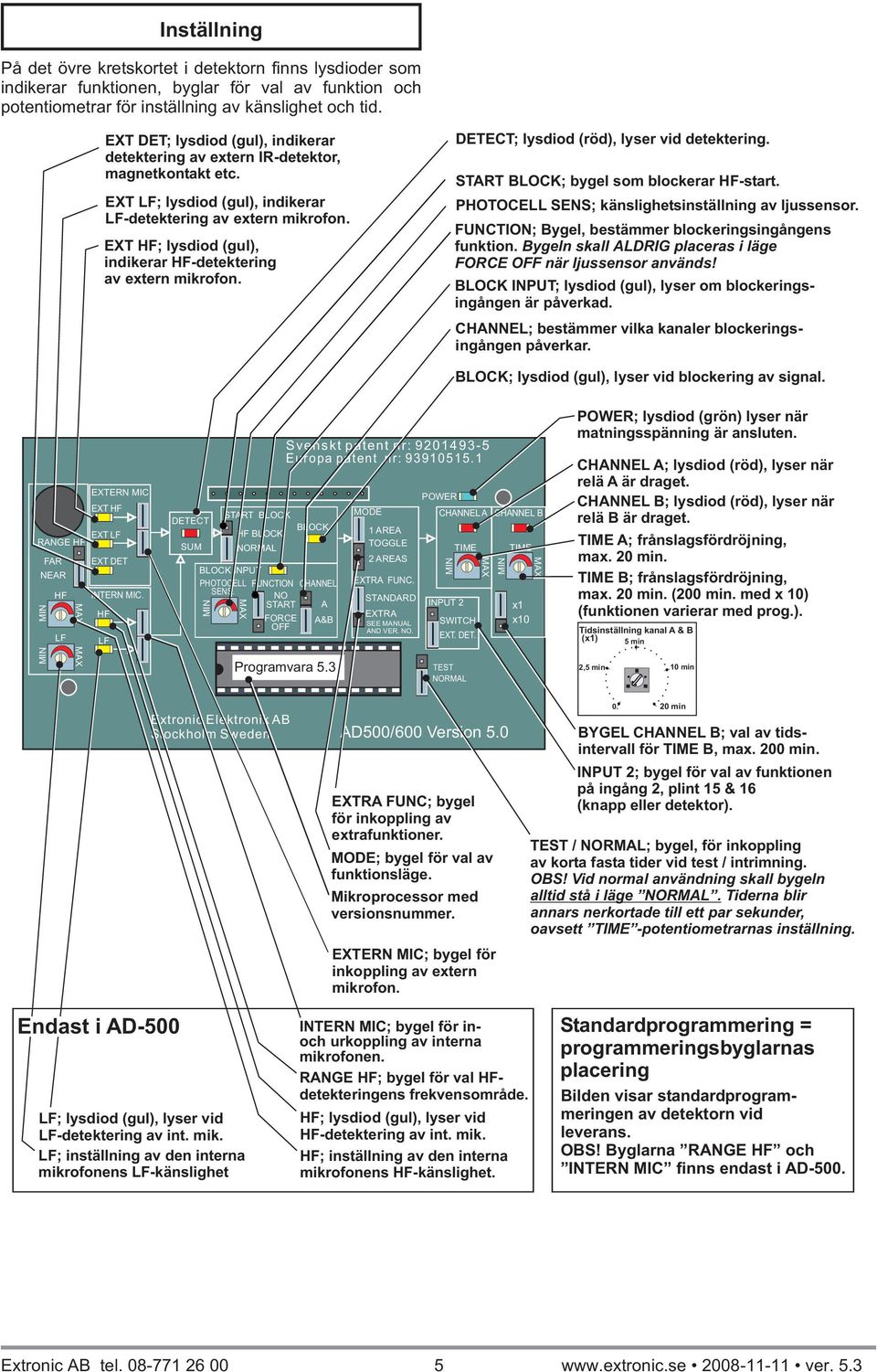 EXT ; lysdiod (gul), indikerar detektering av extern mikrofon. ETECT; lysdiod (röd), lyser vid detektering. STRT LOCK; bygel som blockerar start. PHOTOCELL SENS; känslighetsinställning av ljussensor.