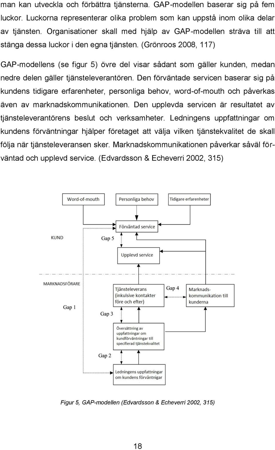 (Grönroos 2008, 117) GAP-modellens (se figur 5) övre del visar sådant som gäller kunden, medan nedre delen gäller tjänsteleverantören.