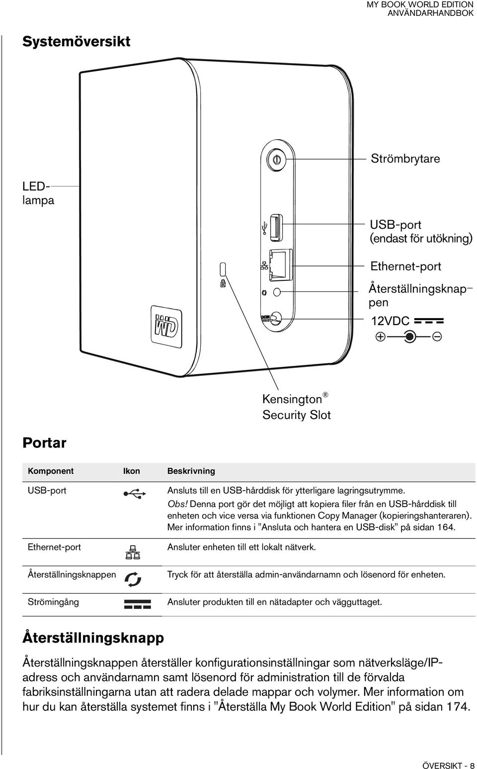 Denna port gör det möjligt att kopiera filer från en USB-hårddisk till enheten och vice versa via funktionen Copy Manager (kopieringshanteraren).