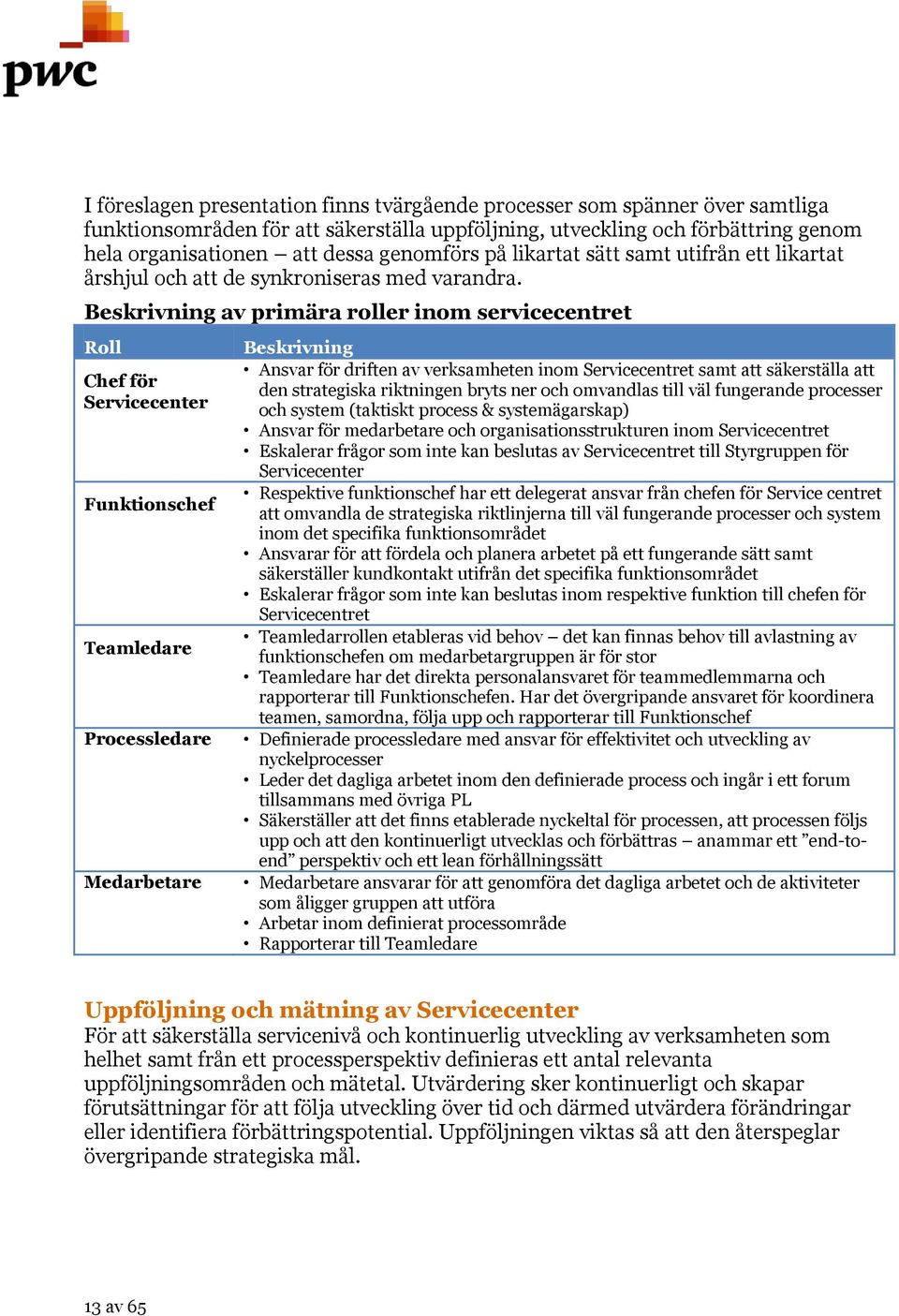 Beskrivning av primära roller inom servicecentret Roll Chef för Servicecenter Funktionschef Teamledare Processledare Medarbetare Beskrivning Ansvar för driften av verksamheten inom Servicecentret