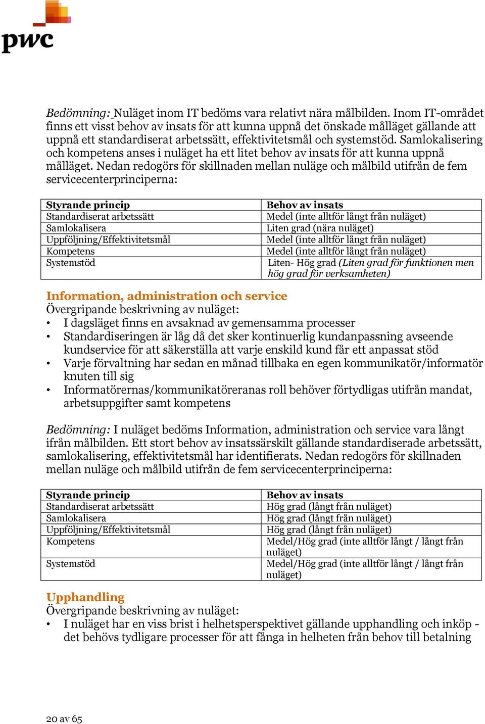 Samlokalisering och kompetens anses i nuläget ha ett litet behov av insats för att kunna uppnå målläget.