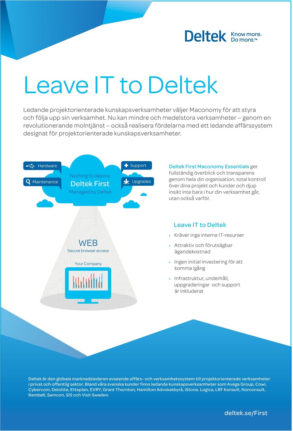 Hardware Maintenance Nothing to deploy Deltek First Managed by Deltek Support Upgrades Deltek First Maconomy Essentials ger fullständig överblick och transparens genom hela din organisation, total