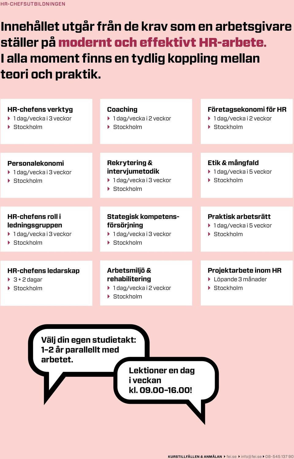 chefens roll i ledningsgruppen Stategisk kompetensförsörjning Praktisk arbetsrätt 1 dag/vecka i 5 veckor HR-chefens ledarskap 3 + 2 dagar Arbetsmiljö & rehabilitering 1 dag/vecka i 2